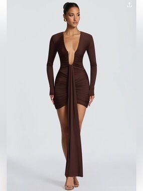 Plunging V-Neck Long Sleeve Chocolate Brown Mini Dress